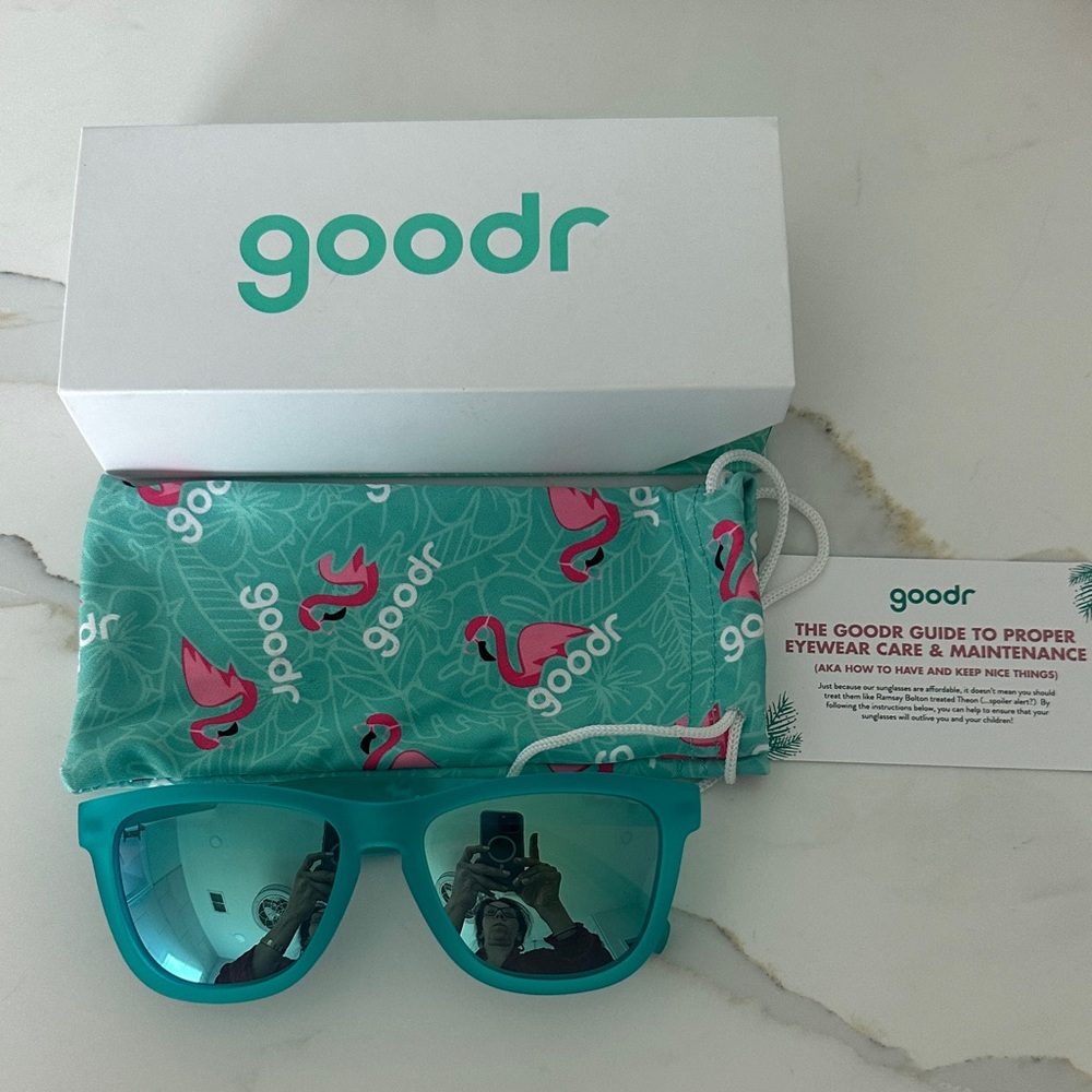 Goodr “Stay Pawstive” Teal Sunglasses with Case